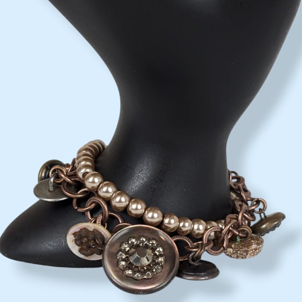 2-Strand Faux Pearl & Dangling Button Charm Bracelet